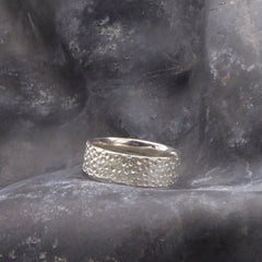 es-ist-ein-silberner-ring-zu-sehen-mit-einer-oberflaeche-mit-kratern-und-vertiefungen-die-an-eine-mondlandschaft-erinnert