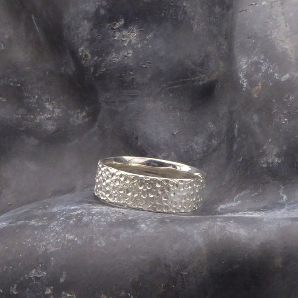 es-ist-ein-silberner-ring-zu-sehen-mit-einer-oberflaeche-mit-kratern-und-vertiefungen-die-an-eine-mondlandschaft-erinnert